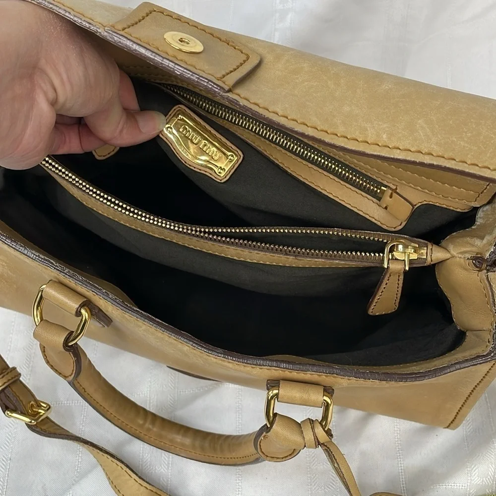 Miu Miu Vitello Leather Flap 2 Way Handbag Satchel Beige